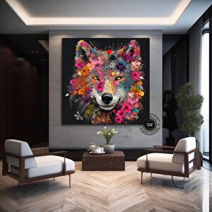 Beyaz Kurt Portresi Kanvas – Çiçek Taclı Kurt Sanatı 60x60 cm