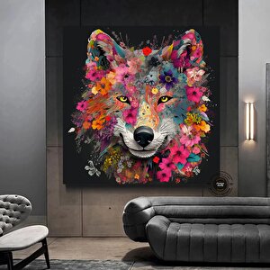 Beyaz Kurt Portresi Kanvas – Çiçek Taclı Kurt Sanatı 60x60 cm
