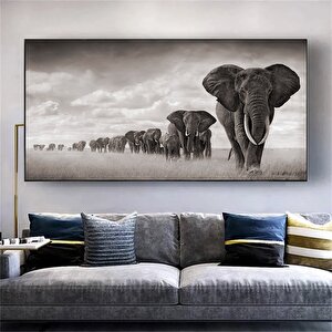 Geniş Panoramik Kanvas Baskılar, Siyah Beyaz Modern Giclée Sanat, Fil Ailesi Oturma Odası Dekoru 80x160 cm