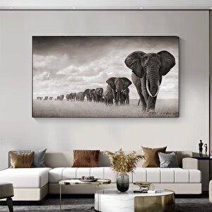 Geniş Panoramik Kanvas Baskılar, Siyah Beyaz Modern Giclée Sanat, Fil Ailesi Oturma Odası Dekoru