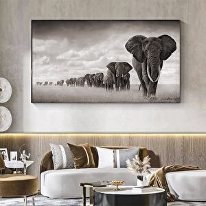 Geniş Panoramik Kanvas Baskılar, Siyah Beyaz Modern Giclée Sanat, Fil Ailesi Oturma Odası Dekoru