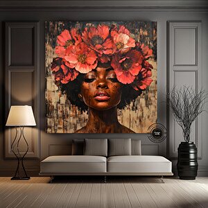 Çiçekli Afrikalı Kadın Portresi, Renkli Soyut Afrikalı Kadın Sanatı 40x40 cm