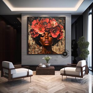 Çiçekli Afrikalı Kadın Portresi, Renkli Soyut Afrikalı Kadın Sanatı 40x40 cm
