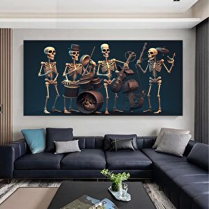 İskelet Müzisyen Kanvas; Davul, Saksafon Ve Keman Temalı Duvar Dekoru 100x200 cm