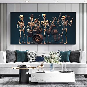 İskelet Müzisyen Kanvas; Davul, Saksafon Ve Keman Temalı Duvar Dekoru 100x200 cm