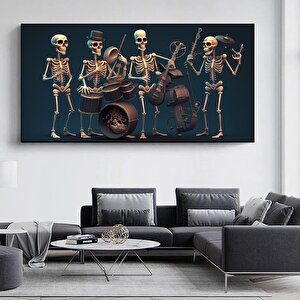 İskelet Müzisyen Kanvas; Davul, Saksafon Ve Keman Temalı Duvar Dekoru