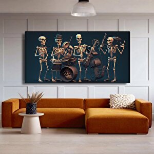 İskelet Müzisyen Kanvas; Davul, Saksafon Ve Keman Temalı Duvar Dekoru