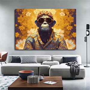 Gözlük Ve Çiçekli Maymun Kanvas Tablosu; Hayvan Duvar Sanatı; Ev Dekoru 80x150 cm