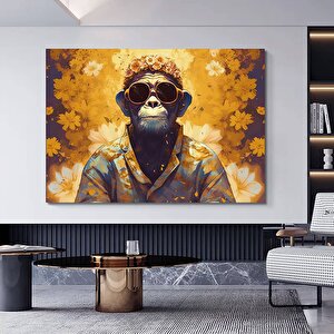 Gözlük Ve Çiçekli Maymun Kanvas Tablosu; Hayvan Duvar Sanatı; Ev Dekoru 120x150 cm