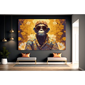 Gözlük Ve Çiçekli Maymun Kanvas Tablosu; Hayvan Duvar Sanatı; Ev Dekoru 120x150 cm