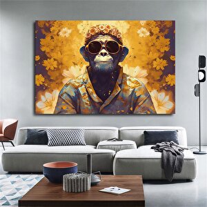 Gözlük Ve Çiçekli Maymun Kanvas Tablosu; Hayvan Duvar Sanatı; Ev Dekoru 120x150 cm