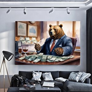 Zengin Kedi Temalı Mizahi Tablo, Sevimli Ayı, Lüks Yaşam Temalı Duvar Dekoru