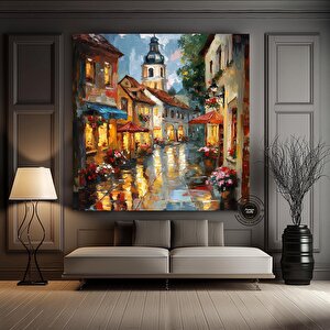 Çiçekli Şehir Sokağı Ve Arkada Kilise Tasvirli Kanvas Duvar Sanatı 70x70 cm