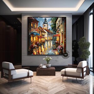 Çiçekli Şehir Sokağı Ve Arkada Kilise Tasvirli Kanvas Duvar Sanatı 70x70 cm
