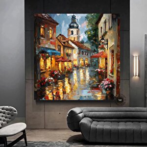 Çiçekli Şehir Sokağı Ve Arkada Kilise Tasvirli Kanvas Duvar Sanatı