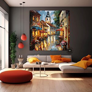 Çiçekli Şehir Sokağı Ve Arkada Kilise Tasvirli Kanvas Duvar Sanatı
