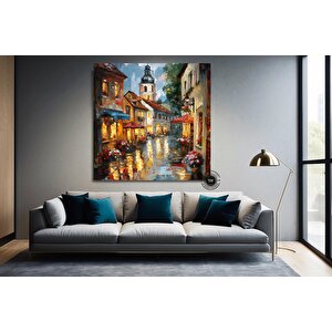 Çiçekli Şehir Sokağı Ve Arkada Kilise Tasvirli Kanvas Duvar Sanatı