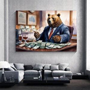 Zengin Kedi Temalı Mizahi Tablo, Sevimli Ayı, Lüks Yaşam Temalı Duvar Dekoru