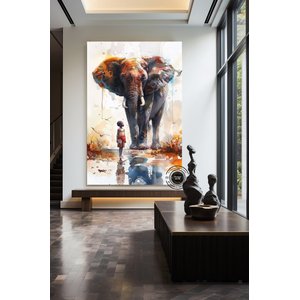 Afrika Kabilesi Afrikalı Çocuk Ve Fil Duvar Tablosu, Çocuk Duvar Sanatı Afrika Deseni, Afrika Sanatı 100x150 cm