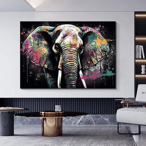 Modern Graffiti Fil; Duvar Sanatı Dekoru; Fil Kanvas Tablosu; Ofis Hediyesi 90x180 cm