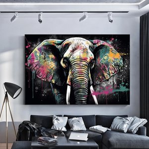 Modern Graffiti Fil; Duvar Sanatı Dekoru; Fil Kanvas Tablosu; Ofis Hediyesi 90x180 cm