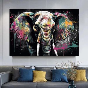 Modern Graffiti Fil; Duvar Sanatı Dekoru; Fil Kanvas Tablosu; Ofis Hediyesi 90x180 cm