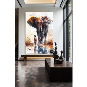 Afrika Kabilesi Afrikalı Çocuk Ve Fil Duvar Tablosu, Çocuk Duvar Sanatı Afrika Deseni, Afrika Sanatı 60x90 cm