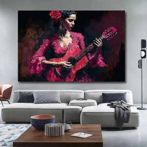 Geleneksel Kırmızı Flamenko Kostümüyle Gitar Çalan Huzurlu İspanyol Kadın Müzisyenin Kanvas Duvar Sa 30x40 cm