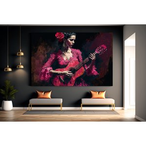 Geleneksel Kırmızı Flamenko Kostümüyle Gitar Çalan Huzurlu İspanyol Kadın Müzisyenin Kanvas Duvar Sa 30x40 cm