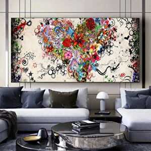 Natürmort Kalp Ve Çiçekler Tablosu – Kadın Yüzü Portresi 75x150 cm