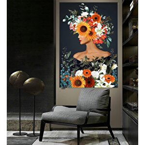Çiçekli Kadın Kanvas; Gül Başlı Kadın Tablosu; Çiçek Sanatı 30x40 cm