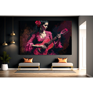 Geleneksel Kırmızı Flamenko Kostümüyle Gitar Çalan Huzurlu İspanyol Kadın Müzisyenin Kanvas Duvar Sa 120x180 cm