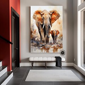 Anne Ve Yavru Fil Baskısı, Yürüyen Fil Kanvas Duvar Sanatı, Fil Kanvas Tablosu, Hayvan Krallığı 30x40 cm