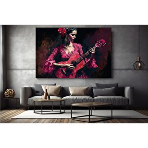 Geleneksel Kırmızı Flamenko Kostümüyle Gitar Çalan Huzurlu İspanyol Kadın Müzisyenin Kanvas Duvar Sa