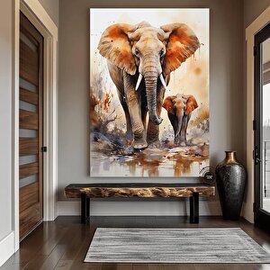 Anne Ve Yavru Fil Baskısı, Yürüyen Fil Kanvas Duvar Sanatı, Fil Kanvas Tablosu, Hayvan Krallığı 40x60 cm