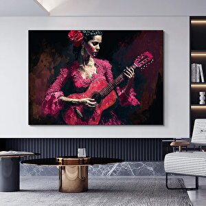 Geleneksel Kırmızı Flamenko Kostümüyle Gitar Çalan Huzurlu İspanyol Kadın Müzisyenin Kanvas Duvar Sa 60x90 cm