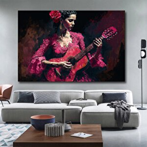 Geleneksel Kırmızı Flamenko Kostümüyle Gitar Çalan Huzurlu İspanyol Kadın Müzisyenin Kanvas Duvar Sa 60x90 cm
