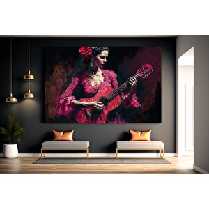 Geleneksel Kırmızı Flamenko Kostümüyle Gitar Çalan Huzurlu İspanyol Kadın Müzisyenin Kanvas Duvar Sa 60x90 cm