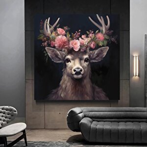 Başında Çiçeklerle Geyik Kanvas Duvar Dekoru, Geyik Hayvan Sanatı, Görkemli Geyik 50x50 cm