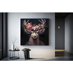 Başında Çiçeklerle Geyik Kanvas Duvar Dekoru, Geyik Hayvan Sanatı, Görkemli Geyik