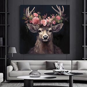 Başında Çiçeklerle Geyik Kanvas Duvar Dekoru, Geyik Hayvan Sanatı, Görkemli Geyik 60x60 cm