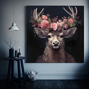 Başında Çiçeklerle Geyik Kanvas Duvar Dekoru, Geyik Hayvan Sanatı, Görkemli Geyik