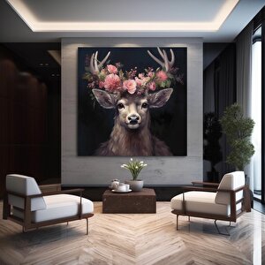 Başında Çiçeklerle Geyik Kanvas Duvar Dekoru, Geyik Hayvan Sanatı, Görkemli Geyik 40x40 cm