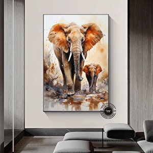 Anne Ve Yavru Fil Baskısı, Yürüyen Fil Kanvas Duvar Sanatı, Fil Kanvas Tablosu, Hayvan Krallığı 50x70 cm