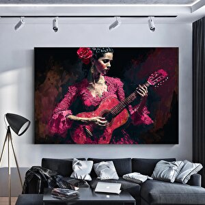 Geleneksel Kırmızı Flamenko Kostümüyle Gitar Çalan Huzurlu İspanyol Kadın Müzisyenin Kanvas Duvar Sa