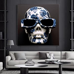 Gözlük Takmış Kafatası Ve Mavi Çiçekli Baş Kanvas Baskısı, Kafatası Duvar Sanatı 30x30 cm
