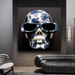 Gözlük Takmış Kafatası Ve Mavi Çiçekli Baş Kanvas Baskısı, Kafatası Duvar Sanatı 30x30 cm