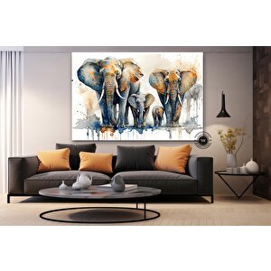 Fil Ailesi Kanvas Tablosu; Afrika Hayvan Duvar Dekoru; Modern Baskı Sanatı; Fil Sürü Posteri; Duvar 120x180 cm