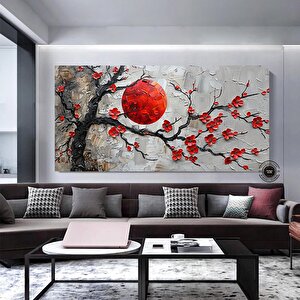 Kırmızı Çiçekli Sakura Kanvas Tablo – Asya Tarzı Duvar Dekoru – Oturma Odası 30x60 cm