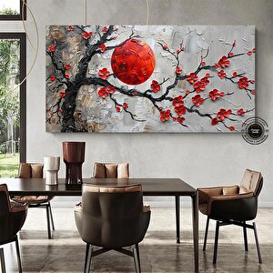 Kırmızı Çiçekli Sakura Kanvas Tablo – Asya Tarzı Duvar Dekoru – Oturma Odası 30x60 cm